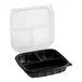 9" x 9" x 3" Microwaveable 3-Compartment Black / Clear Plastic Hinged To Go Box