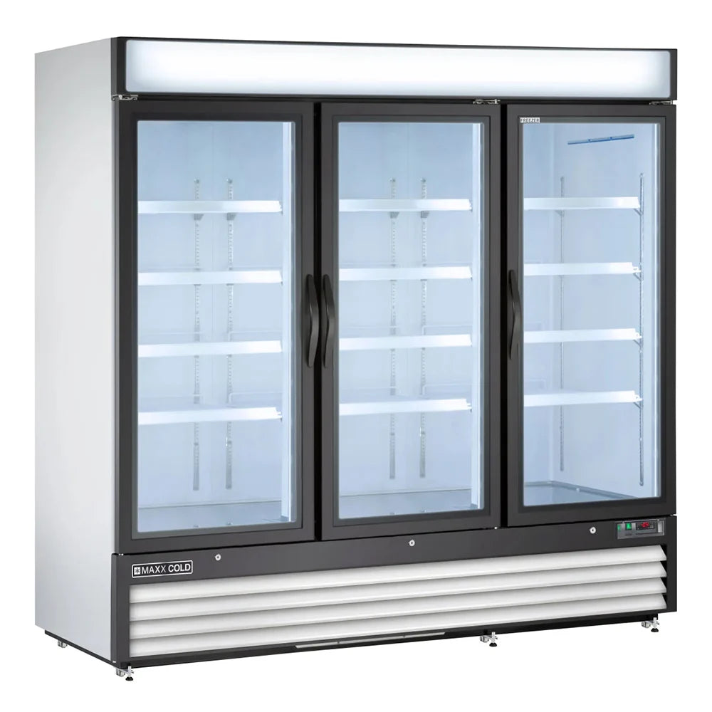 White Maxx Cold MXM3-72FHC 81" X-Series Three Section Display Freezer w/ Swing Doors - Bottom Mount Compressor, White, 208-230v