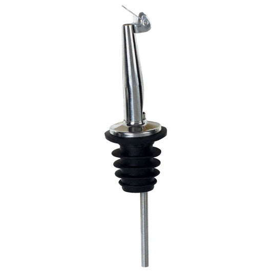 Metal Pourers, Tapered Spout &amp; Hinged Cap, Black Plastic Stopper